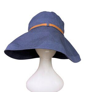 Nine West Womens Navy Cotton Wide Brim Sun Hat With Tan Strap Accessory OS
